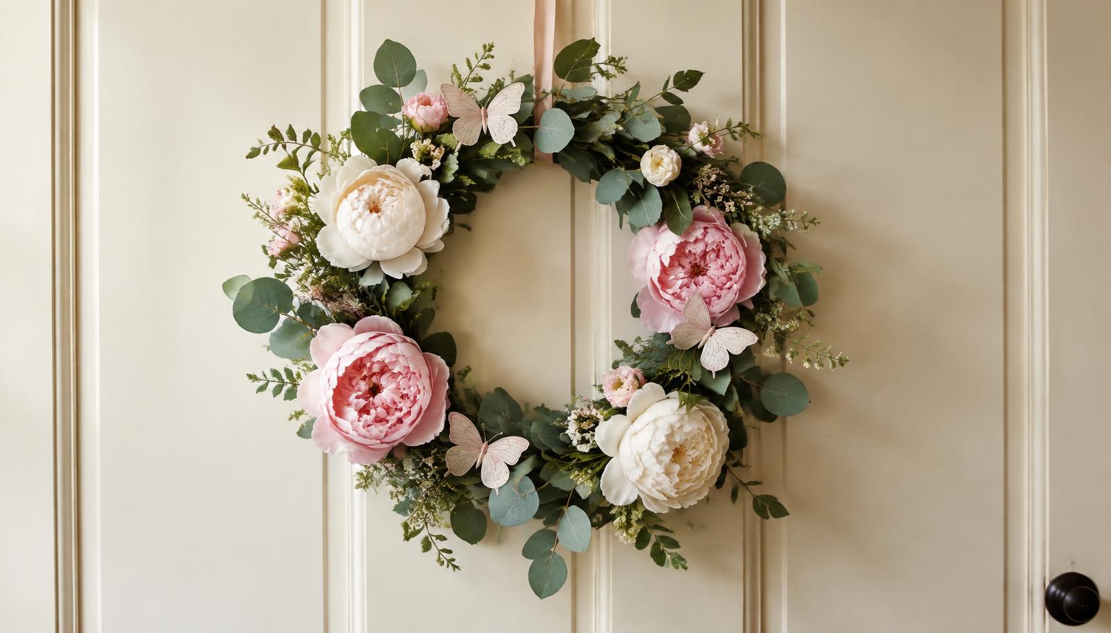Blush peony wreath with butterflies